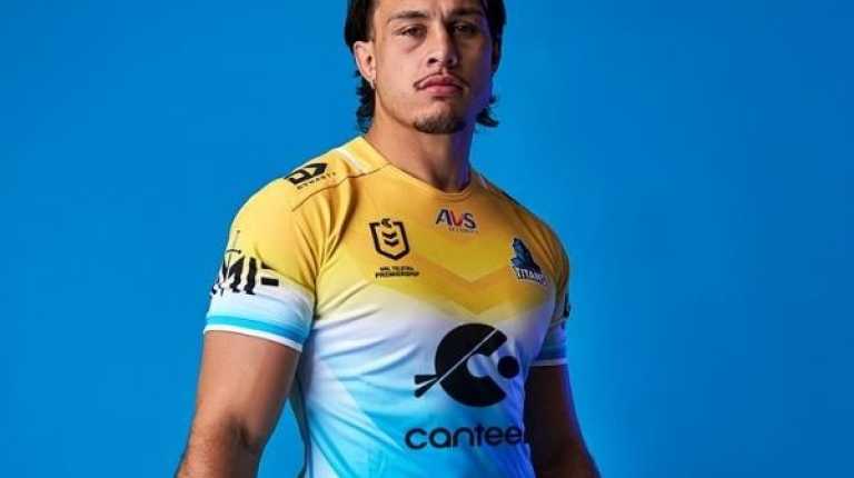 Gold Coast Titan player wearing the one‑off NRL jersey featuring Canteen's logo