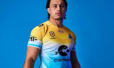 Gold Coast Titan player wearing the one‑off NRL jersey featuring Canteen's logo