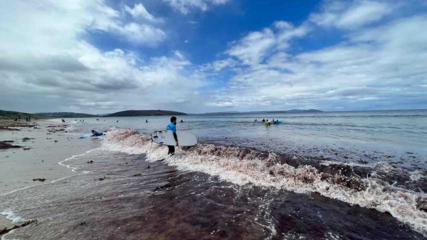 young people trying surfing at dodges ferry in tasmania with canteen